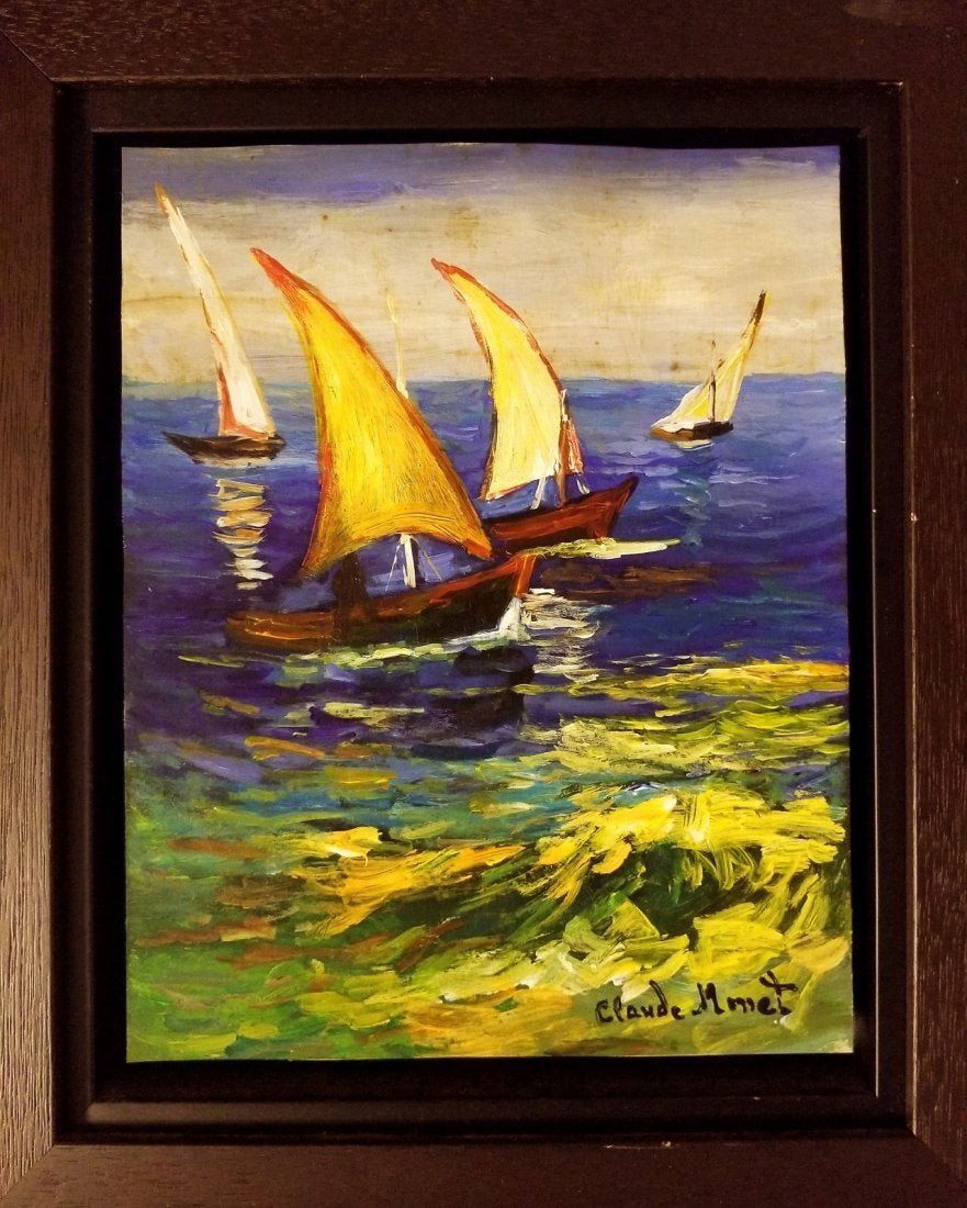 Claude Monet Hand Painted Landscape Boats Seascape: This lot consists of a hand-painted landscape on hard paper, impressionist in the style of Claude Monet. Oscar Claude Monet (14 November 1840 - 5 December 1926) was a founder of French Impressionist p