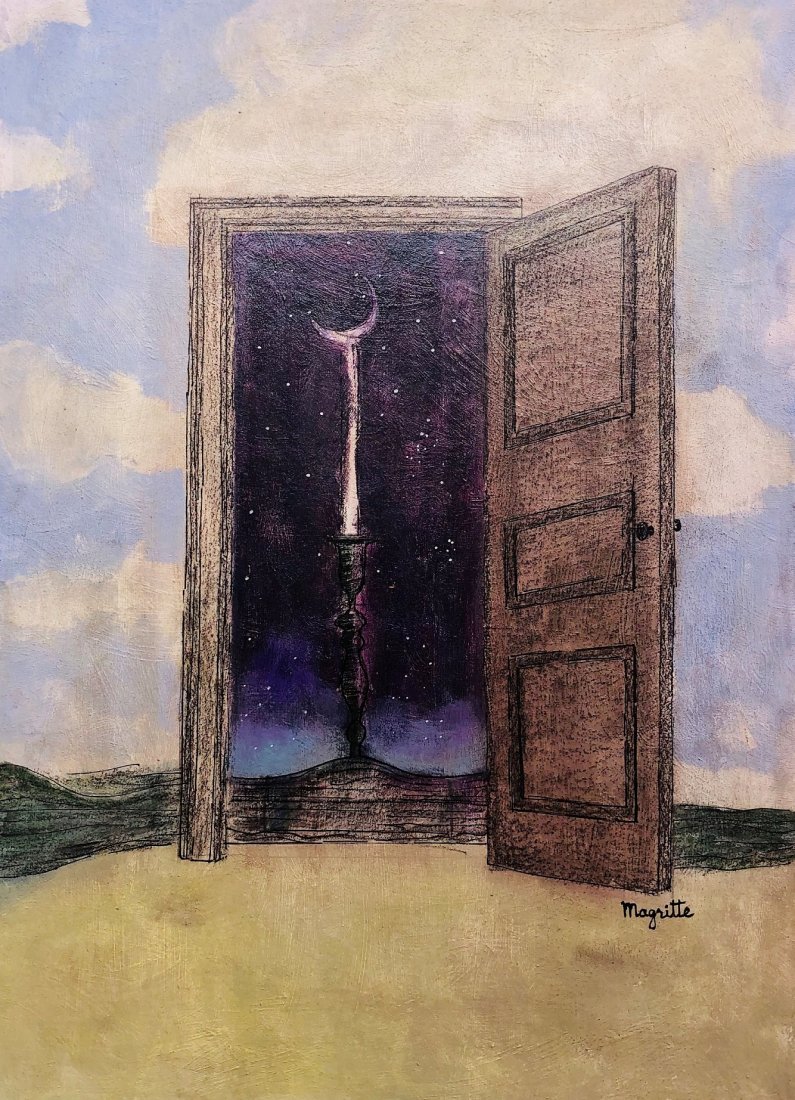 Rene Magritte Belgian Surrealism Art Landscape Oil: This lot consists of a hand-painted surrealism man mixed media on on board in the style of Rene Magritte. Rene Franois Ghislain Magritte (21 November 1898 -15 August 1967) was a Belgian surrealist art