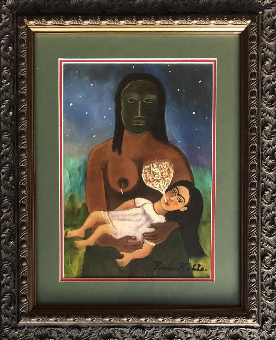 Frida Kahlo Hand Painted Mexican (1907-1950): This lot consists of a hand painted mixed media on hard paper in the naive folk style of Frida Kahlo. Frida Kahlo de Rivera was a Mexican painter known for her self-portraits. Kahlo s life began and e