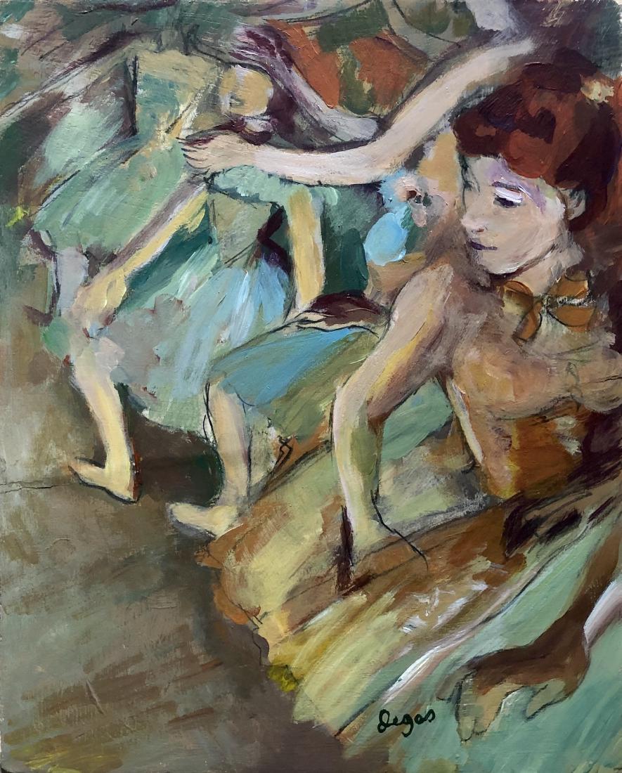 Edgar Degas French Art Ballerina (1834-1917): This lot consists of a hand painted oil on paper board in the style of Edgar Degas (1834-1917). Edgar Degas was born Hilaire-Germain-Edgar De Gas, was a French artist famous for his paintings, sculptu