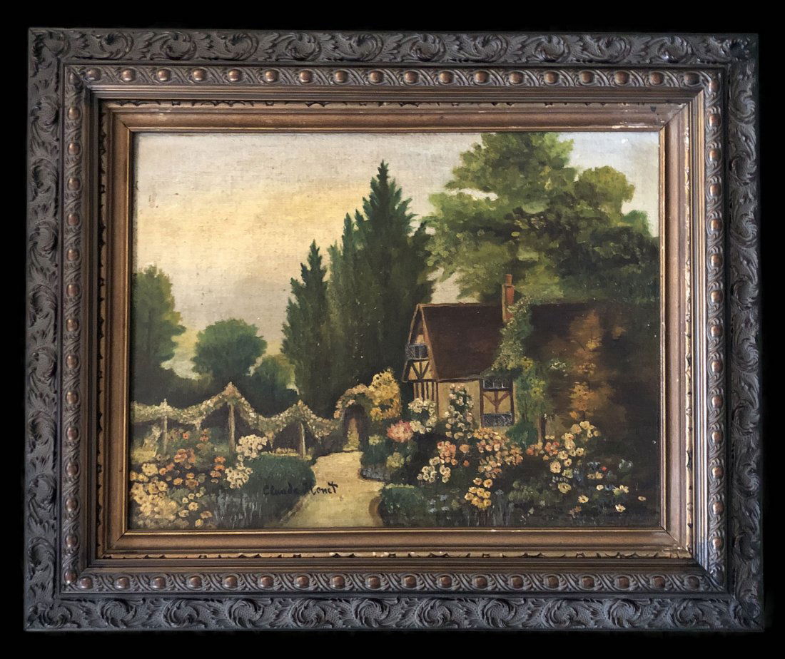 Claude Monet Oil Canvas French Painting: This lot consists of hand painted landscape oil on canvas in the impressionist in the style of Claude Monet. The illustration depicts a landscape garden with flowers. Oscar Claude Monet (14 November 1