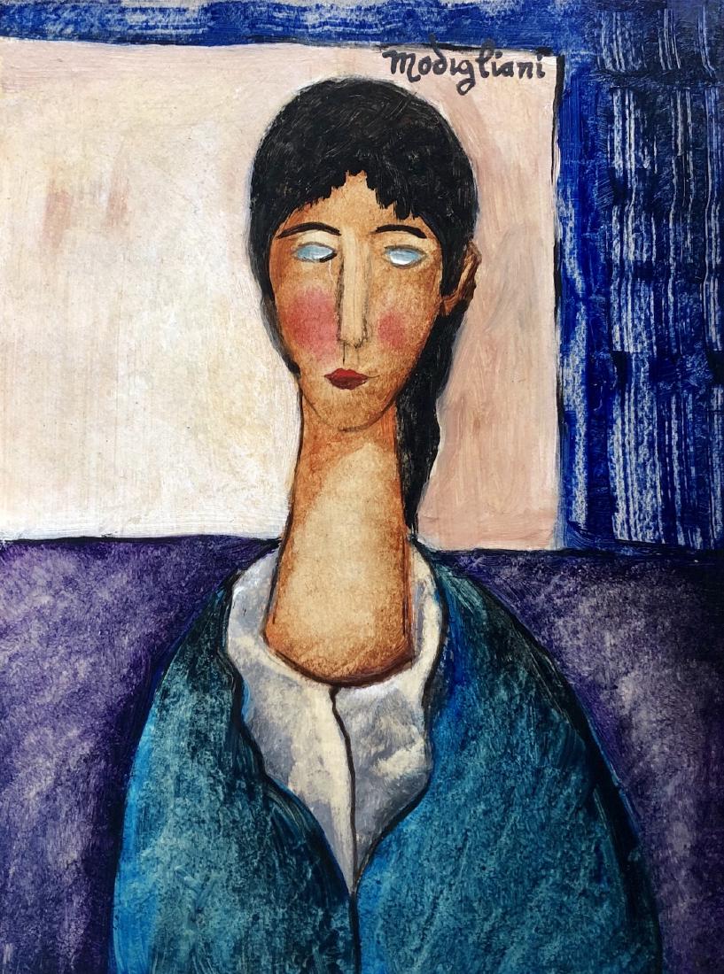 Amedeo Modigliani Expression Woman (1884-1920): This lot consists of a hand painted mixed media on cardboard in the style of Amedeo Modigliani. Amadeo Modigliani (July 1884 - 24 January 1920) was an Italian Jewish painter and sculptor who worked ma