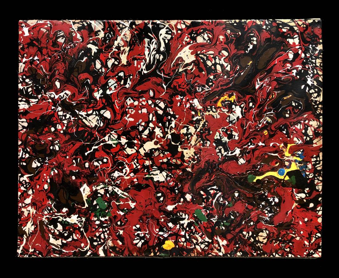 Jackson Pollock Abstract Expressionism 1950: This lot consists of hand-executed oil on canvas board. Done in the prevailing, abstract expressionist style of Jackson Pollock (American, 1912-1956). The lot appears to have a signature in the lower