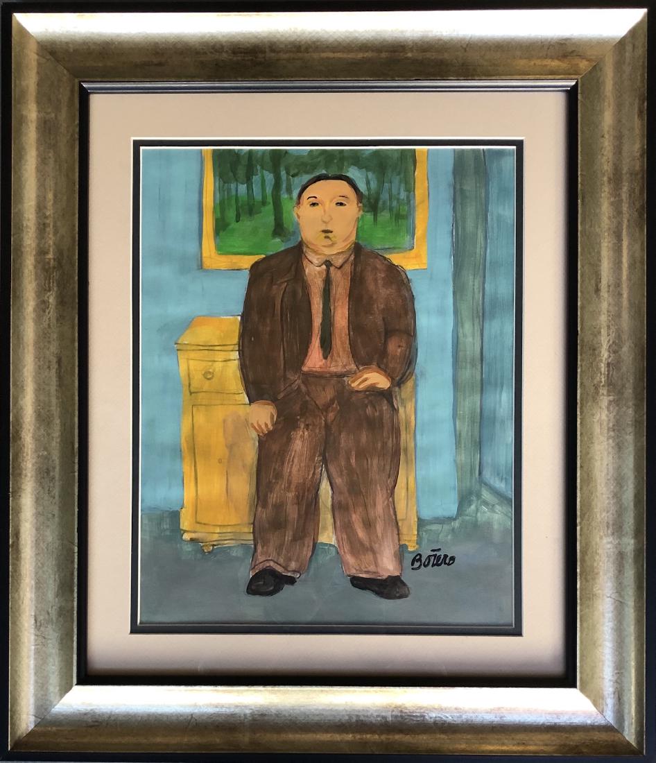 Fernando Botero Drawing Colombian Mixed Media: This lot consists of a hand painted mixed media on paper in the style of Fernando Botero. The illustration depicts a woman in the popular \"boterismo\" style which consists of people and figures in la