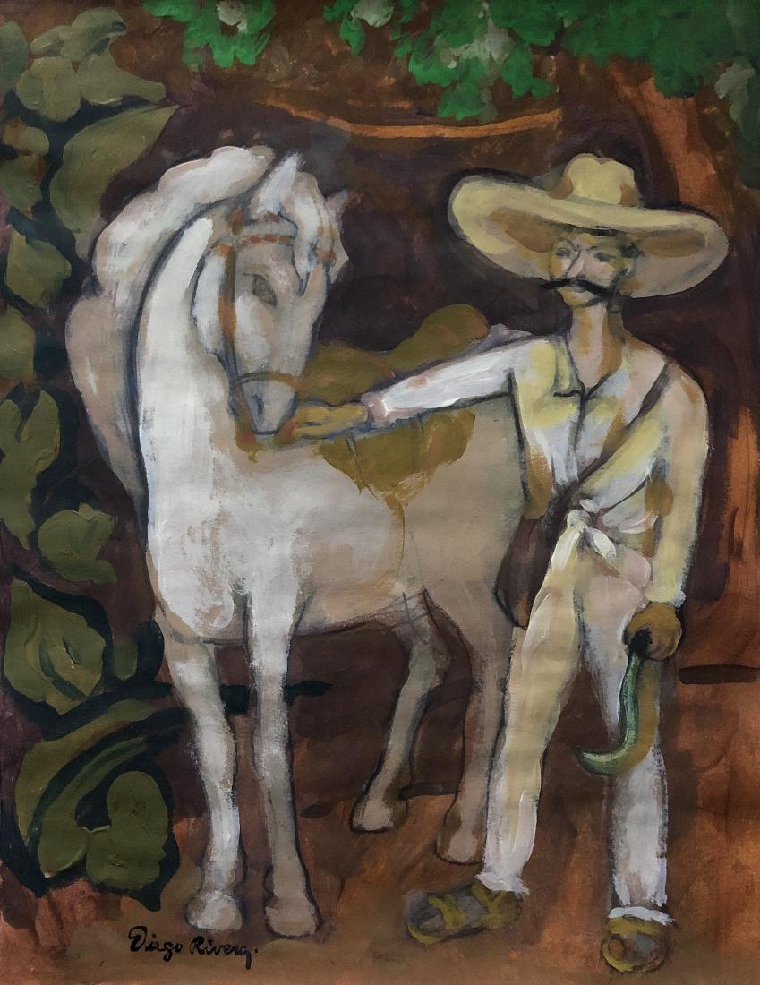 Diego Rivera Mexican Muralist Mixed Media Hand Painted: This lot consists of a hand painted on paper in the style of Diego Maria de la Concepcion Juan Nepomuceno Estanislao de la Rivera y Barrientos Acosta y Rodriguez, known as Diego Rivera (Spanish pronun