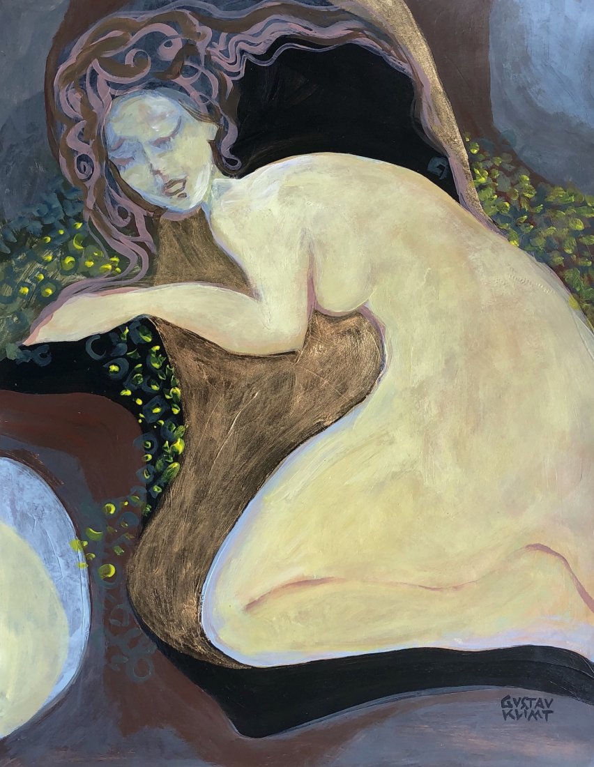 Gustav Klimt Austrian Oil (1862-1918): This lot consists of a hand-painted oil on paper board in the style of Gustav Klimt (Austrian. 1862-1918) was an Austrian symbolist painter and one of the most prominent members of the Vienna Secessio