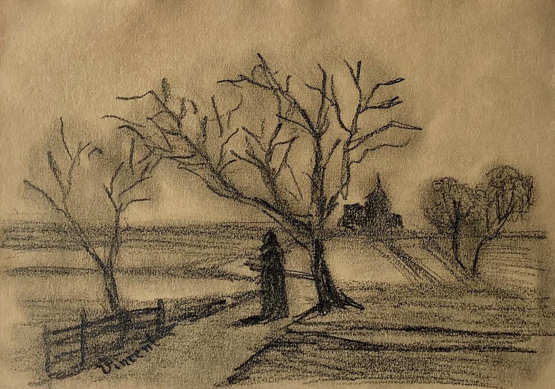 Vincent Van Gogh Landscape Impressionist - Style of: This lot consists of a hand drawn landscape mixed media on paper in the style of Vincent Van Gogh (Dutch, 1853-1980). Vincent Willem van Gogh was a Dutch Post-Impressionist painter who is among the mo