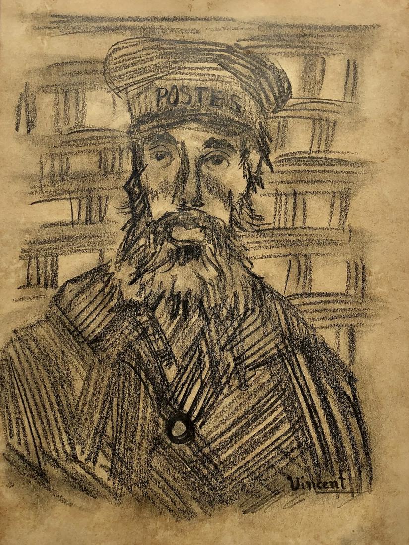 Vincent Van Gogh Sailor Dutch Post Impressionist: This lot consists of a hand-drawn graphite pencil on paper portrait of a postman. In the style of Vincent Van Gogh (Dutch, 1853-1980). Vincent Willem van Gogh was a Dutch Post-Impressionist painter wh