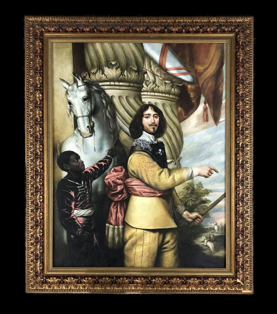 After Sir Anthony van Dyck King Charles I-Oil on Canvas: Portrait/landscape of King Charles I, monarch of the three kingdoms of England(1625-1649) Oil on canvas unmarked. Large museum painting. Presented in an old wood frame. PROVENANCE: Important Private C