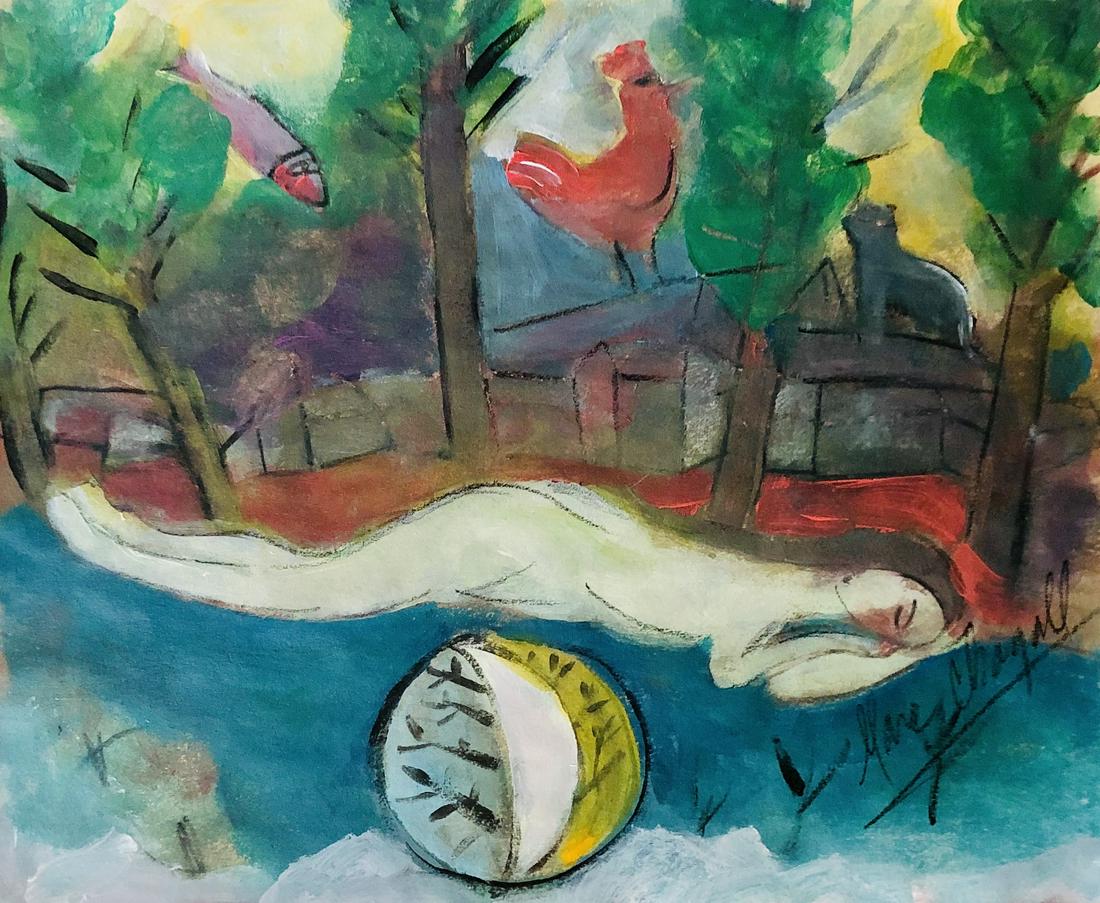 Marc Chagall Russian French Abstract Modernist Style: This lot consists of a hand painted mixed media on paper in the style of Marc Zakharovich Chagall was a Russian-French artist of Belarusian Jewish origin. An early modernist, he was associated with se