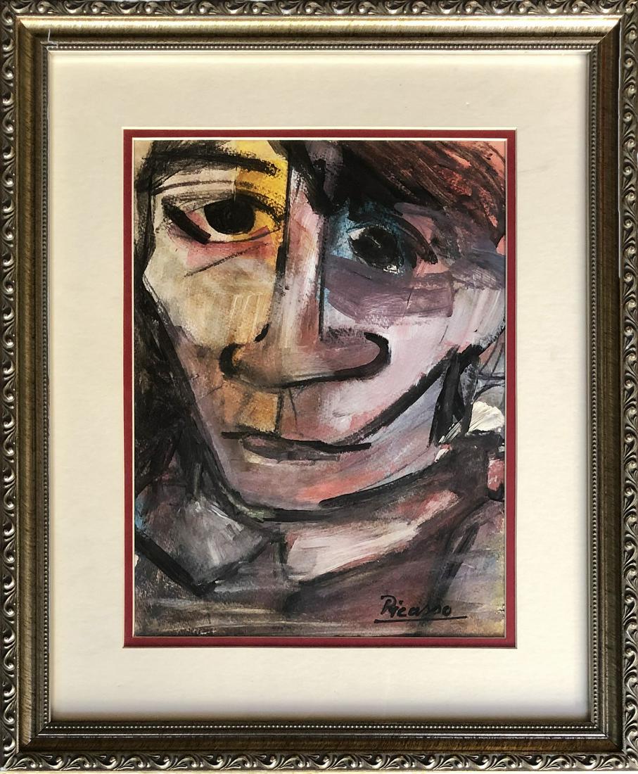 Pablo Picasso Spanish Cubism Abstract Portrait Mixed Me: This lot consists of a hand painted mixed media on paper in the style of Pablo Picasso (Spanish, 1881-1973). Picasso was a Spanish painter, sculptor, printmaker, ceramicist, stage designer, poet and p