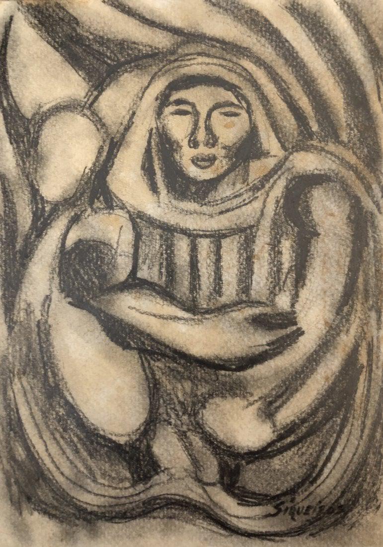 David Alfaro Siqueiros Mexican Muralist Drawing Graphit: David Alfaro Siqueiros Graphite Pencil Drawing on Hard Cardboard. Mexican Art Drawing (1896-1974), 11\" X 7.5\" , Private Collection. Attrib to: David Alfaro Siqueiros (born Jose de Jesus Alfaro Sique