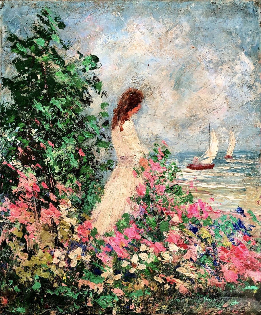 Claude Monet Oil Canvas French Painting: This lot consists of hand painted landscape oil on canvas in the impressionist in the style of Claude Monet. The illustration depicts a landscape garden with flowers. Oscar Claude Monet (14 November 1