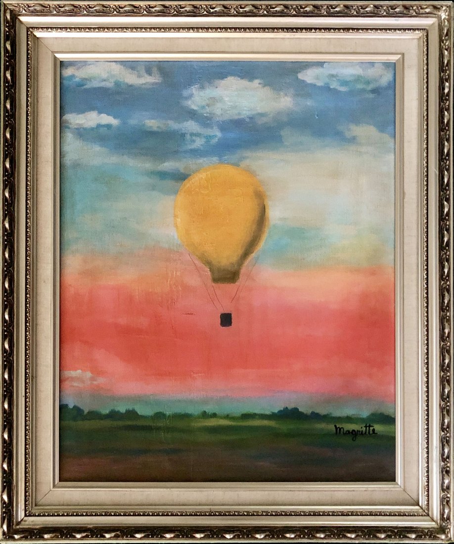 Rene Magritte Belgian Surrealism Oil on Canvas: This lot consists of a hand-painted surrealism oil on canvas in the style of Rene Magritte. The lot depicts a balloon in the middle of a landscape. Rene Franois Ghislain Magritte (21 November 1898 -15
