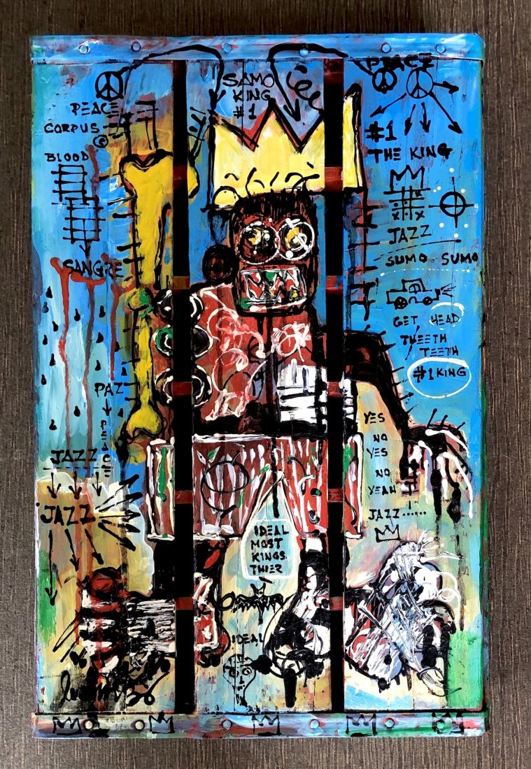 Jean Michel Basquiat Coca Cola Wooden Crate: This lot consists of a medium hand-painted mixed media over a Coca Cola wooden crate from the epoch done in the style of the elusive modern street artist, Jean-Michel Basquiat (American, 1960-1988). I