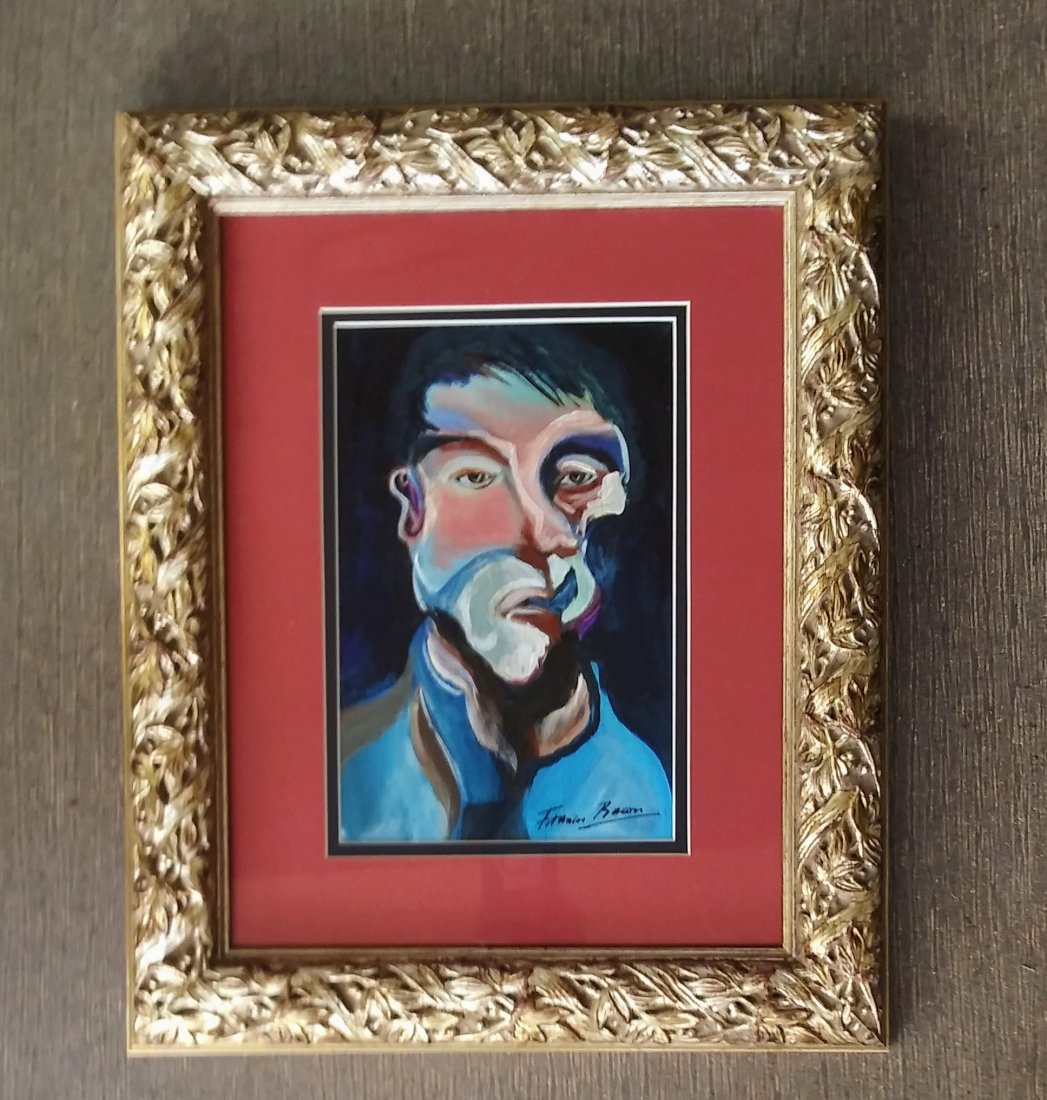 Francis Bacon Surrealist Portrait British 1909-1992: This lot consists of a hand painted mixed media on paper in the style of Francis Bacon. Francis Bacon (28 October 1909 - 28 April 1992) was an Irish-born British figurative painter known for his bold,