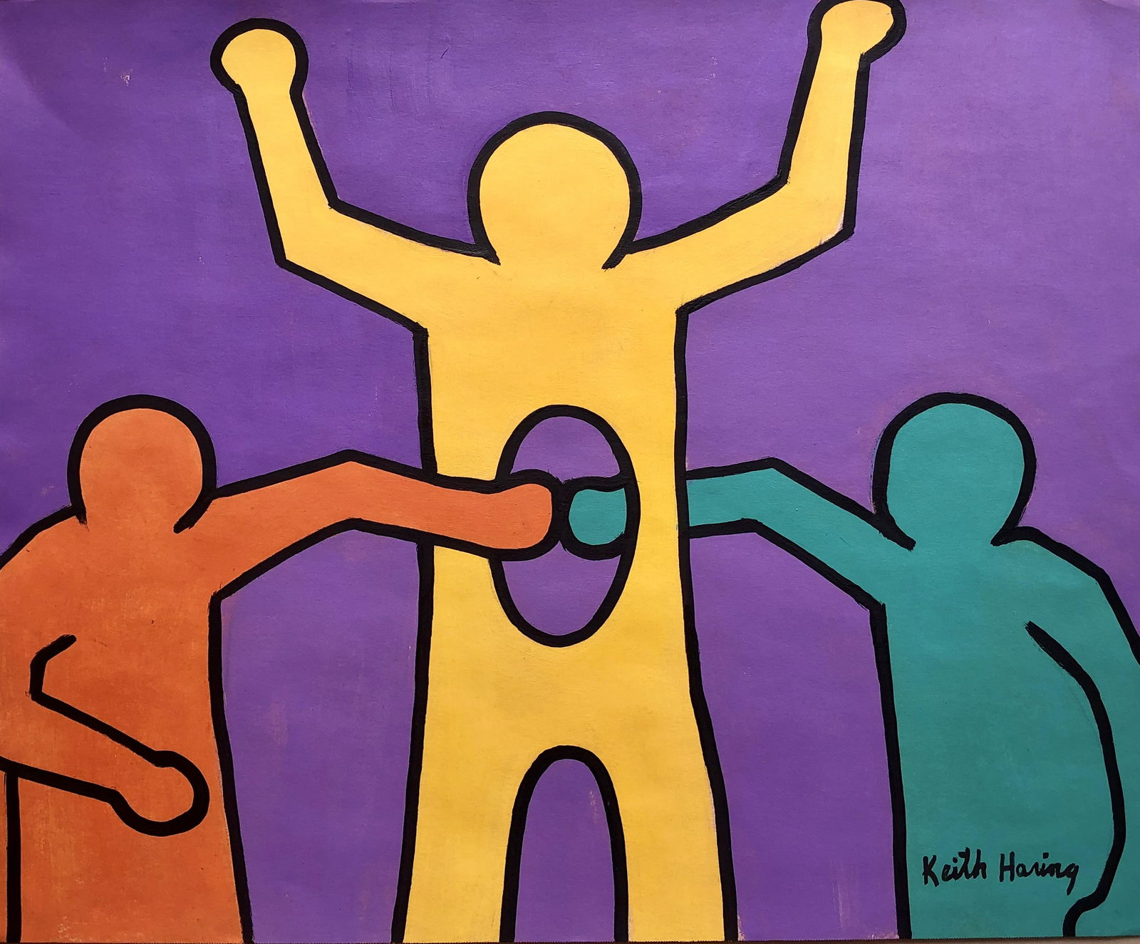 Keith Haring Pop Art American Graffiti NY Oil on Paper: This lot consists of a medium hand-painted mixed media on paper in the style of Keith Haring (American, 1958-1990). Keith Haring was an American artist and social activist whose work responded to the