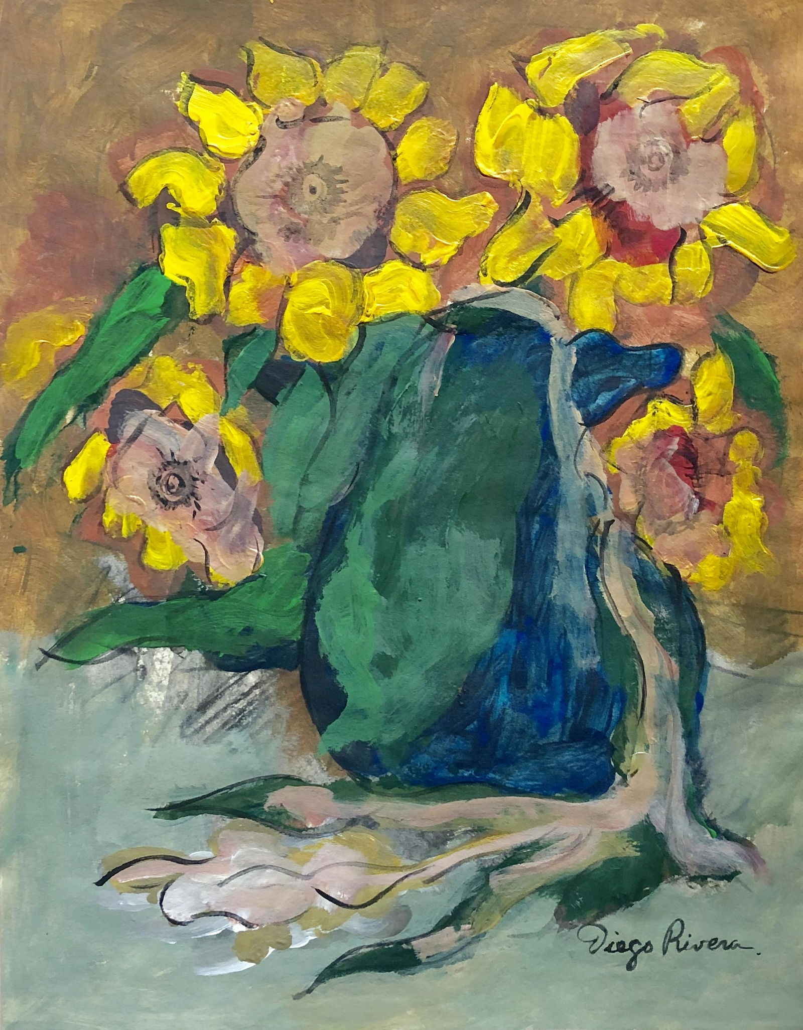 Diego Rivera Mexican Muralist Mixed Media Hand Painted: This lot consists of a hand painted on paper in the style of Diego Maria de la Concepcion Juan Nepomuceno Estanislao de la Rivera y Barrientos Acosta y Rodriguez, known as Diego Rivera (Spanish pronun