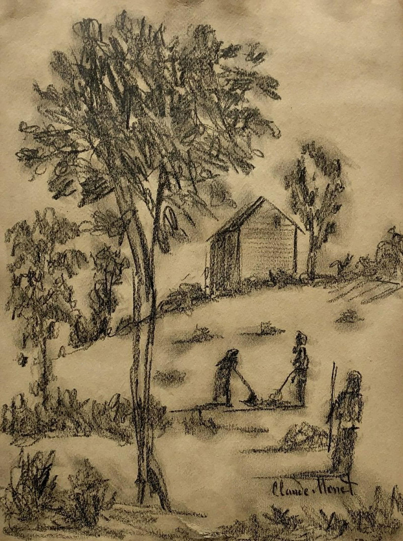 Claude Monet Landscape Drawing French Graphite Style of: This lot consists of a hand-drawn landscape graphite on paper impressionist in the style of Claude Monet. The illustration depicts a landscape. Oscar Claude Monet (14 November 1840 - 5 December 1926)