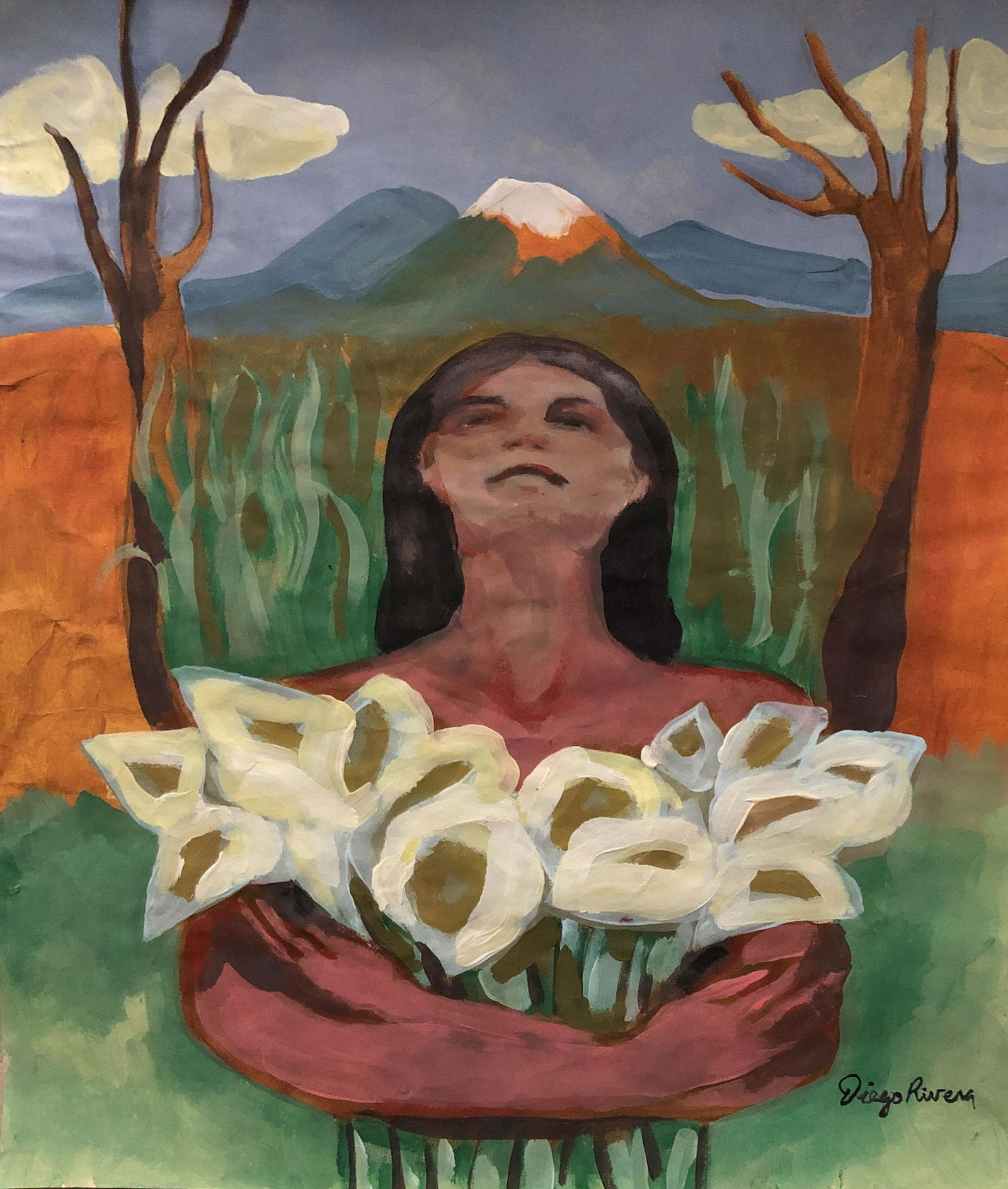 Diego Rivera Mexican Muralist Mixed Media Hand Painted: This lot consists of a hand painted mixed media on paper in the style of Diego Maria de la Concepcion Juan Nepomuceno Estanislao de la Rivera y Barrientos Acosta y Rodriguez, known as Diego Rivera (Sp