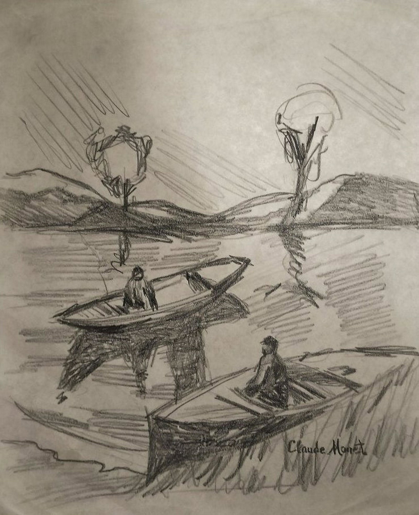 Claude Monet Drawing Landscape Boats Seascape Graphite: This lot consists of a hand-drawn landscape graphite on paper impressionist in the style of Clause Monet. The illustration depicts a landscape with boats. Oscar Clause Monet (14 November 1840 - 5 Dece