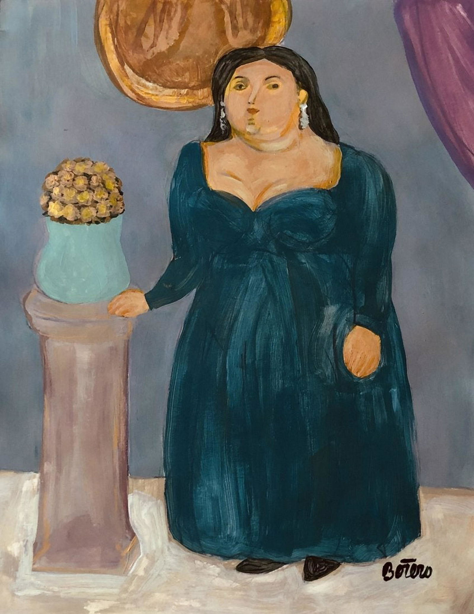 Fernando Botero Painting Colombian (B.1932) Oil: This lot consists of a hand painted mixed media on hard paper in the style of Fernando Botero. The illustration depicts a woman in the popular \"boterismo\" style which consists of people and figures