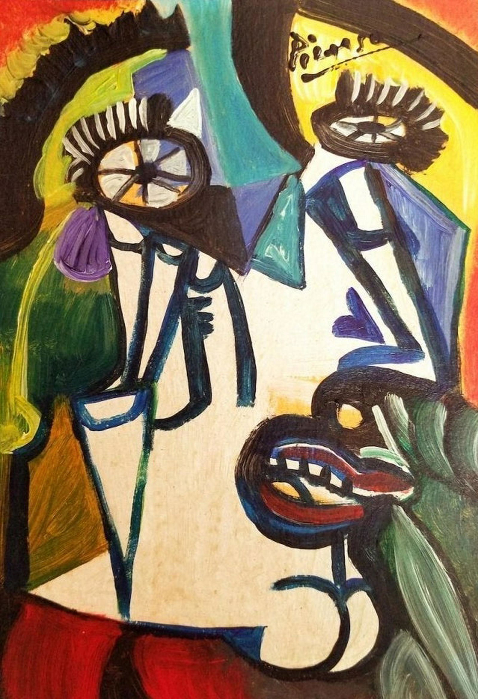 Pablo Picasso Hand Painted Women Studio Cubism Spanish: This lot consists of a hand-painted mixed media on paper illustration (9in x 6in). The colorful image depicts a cubist portrait, one of the main styles for which the artist was known. The lot is in th