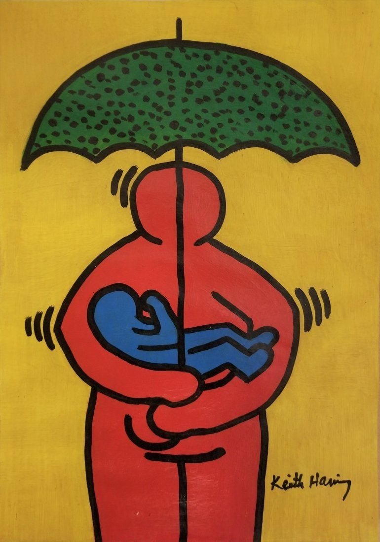 Keith Haring NY American Pop Naif Art Hand Painted: This lot consists of a medium hand-painted mixed media on paper in the style of Keith Haring (American, 1958-1990). Keith Haring was an American artist and social activist whose work responded to the
