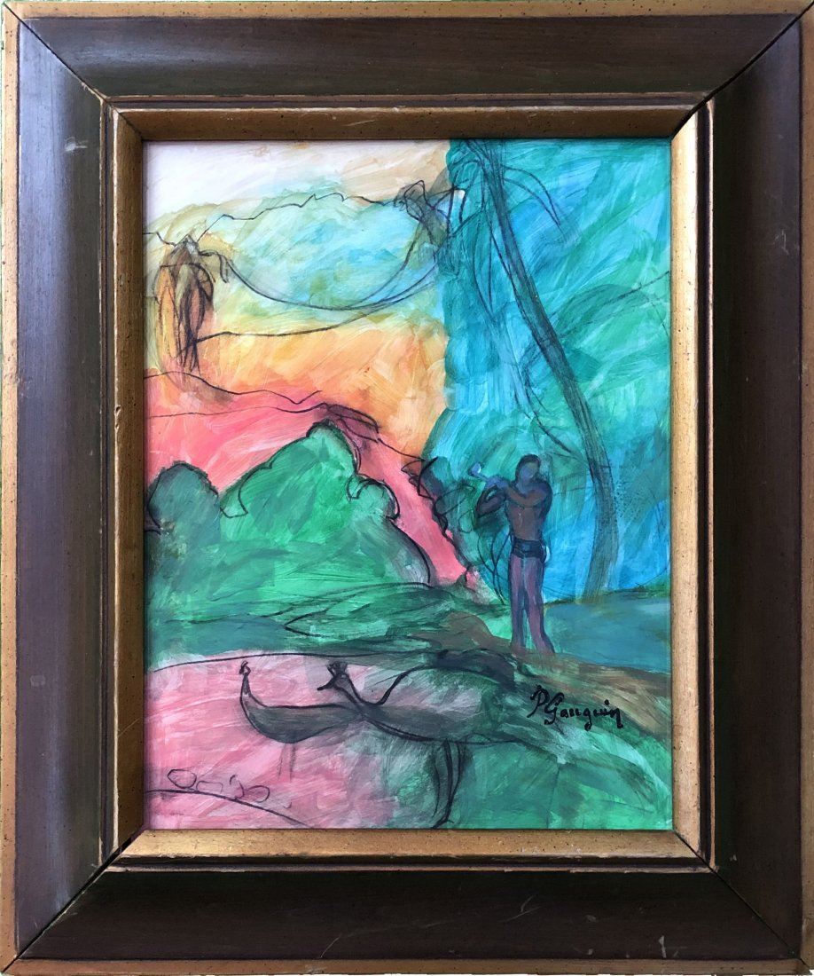 Paul Gauguin Drawing Landscape French Hand Painted: This lot consists of a hand-painted mixed media on hard paper. It depicts a beautiful impressionist painting in Gauguin's distinct style. In the style of: enri Paul Gauguin (7 June 1848 - 8 May 1903) 