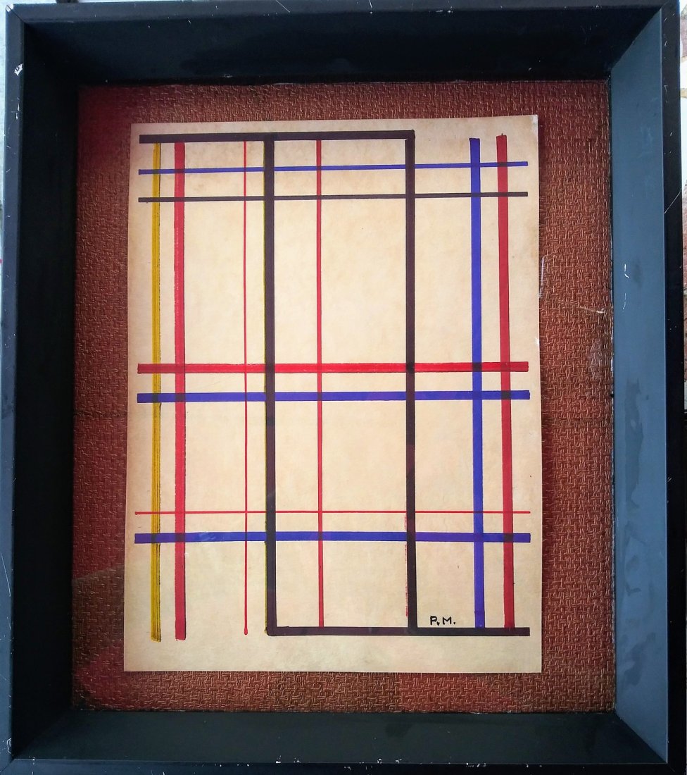PM Piet Mondrian Painting Geometric Dutch Hand Painted: This lot consists of a hand painted mixed media on paper attributed to Piet Mondrian (American, 1960-1988).The painting bears a signature in the lower right corner. Mondrian was a Dutch painter and wa