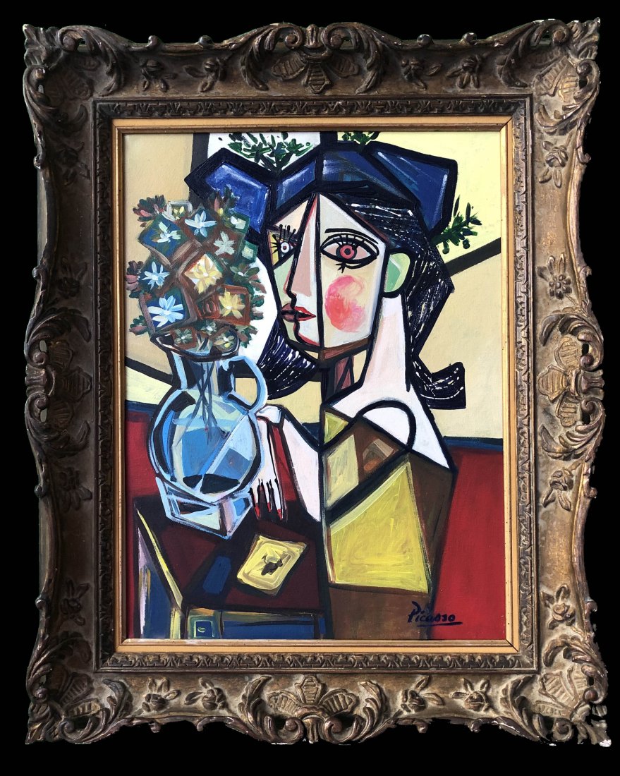 Pablo Picasso Spanish Cubist Women Oil on Canvas: This lot consists of a hand painted Oil on canvas in the style of Pablo Picasso. The illustration depicts a figure of a women in the famous cubism period. Pablo Picasso (25 October 1881-8 April 1973) 