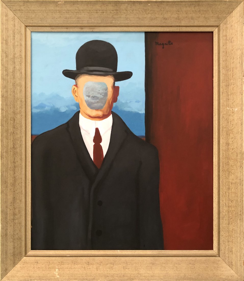 Large Rene Magritte Surrealist Oil Masonite Man Hat: This lot consists of a hand-painted surrealism oil on hard masonite in the style of Rene Magritte. The lot depicts a gentlemen in left side of a surrealist enrionment.Rene Franois Ghislain Magritte (2
