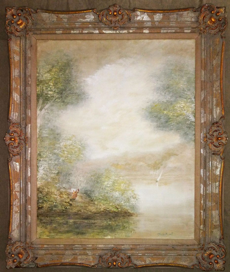 Claude Monet Impressionist Landscape Seascape French: This lot consists of hand painted landscape oil on canvas in the impressionist in the style of Claude Monet. The illustration depicts a landscape with a few boats and people. Oscar Claude Monet (14 No