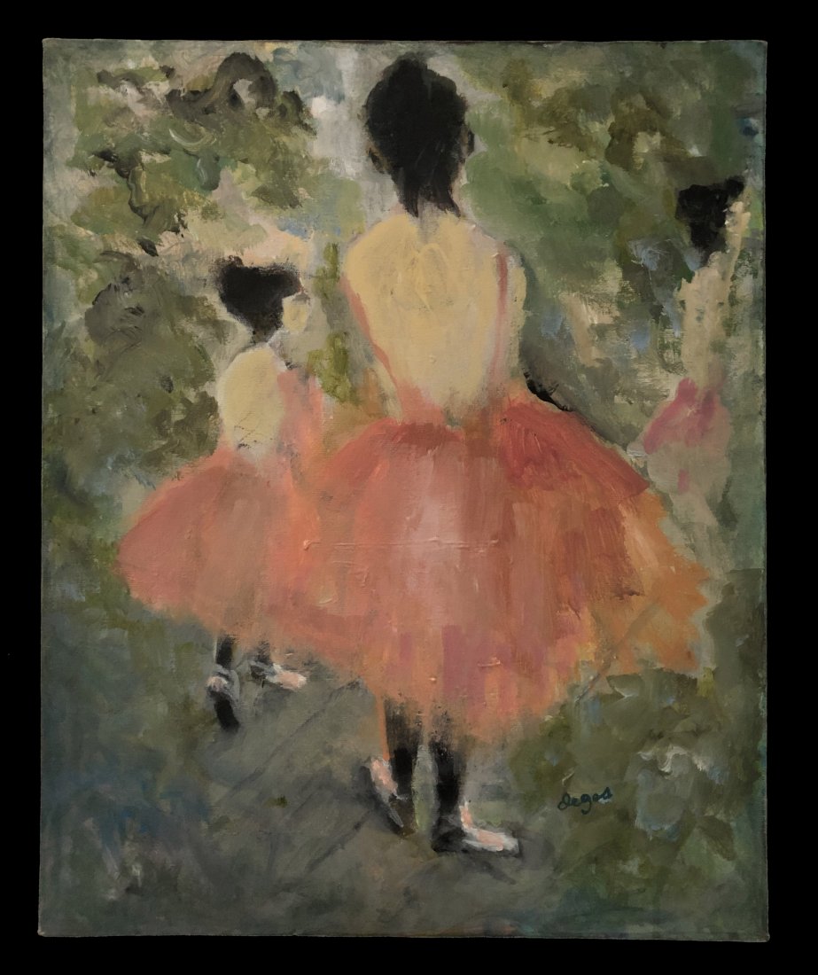 Edgar Degas Oil Canvas Ballerina Dancer Impressionist: This lot consists of a hand painted oil on canvas in the style of Edgar Degas (1834-1917). Edgar Degas was born Hilaire-Germain-Edgar De Gas, was a French artist famous for his paintings, sculptures, 