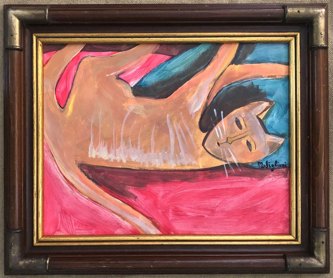Amadeo Modigliani Cat Italian French Art Hand Painted: This lot consists of a hand painted mixed media on hard paper in the style of Amedeo Modigliani. Amadeo Modigliani (July 1884 - 24 January 1920) was an Italian Jewish painter and sculptor who worked m