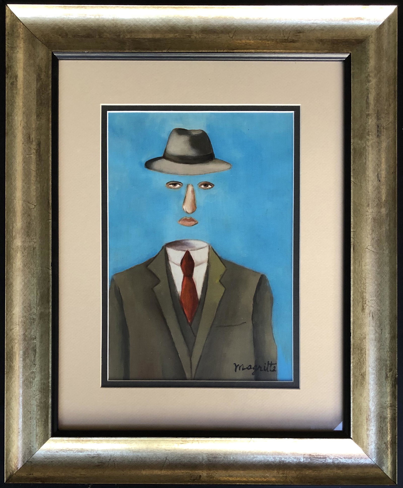 Rene Magritte hand painted drawing surrealist- Style of: This lot consists of a hand-painted surrealism man mixed media on paper in the style of Rene Magritte. Rene Franois Ghislain Magritte (21 November 1898 -15 August 1967) was a Belgian surrealist artist