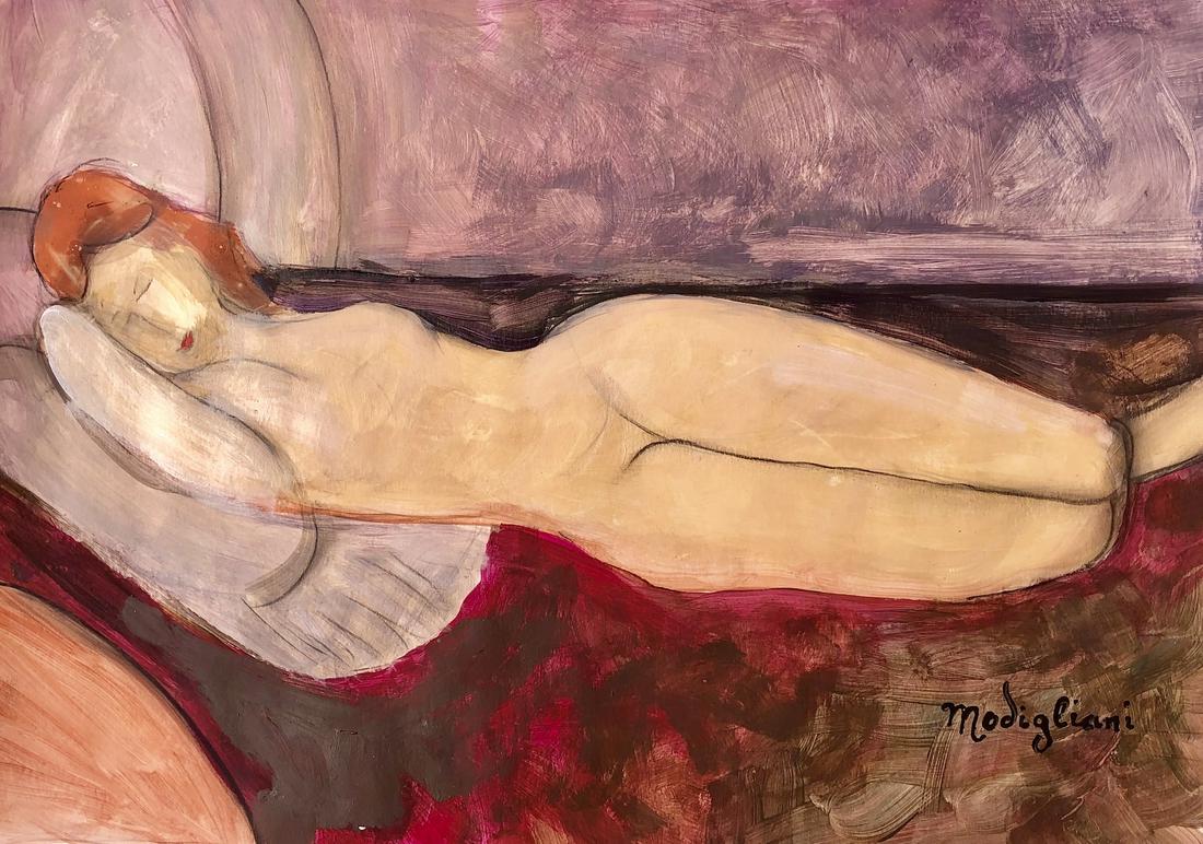 Amedeo Modigliani Expressionism Woman: This lot consists of a hand painted mixed media on cardboard in the style of Amedeo Modigliani. It is the portrait of a woman. Amadeo Modigliani (July 1884 - 24 January 1920) was an Italian Jewish pai