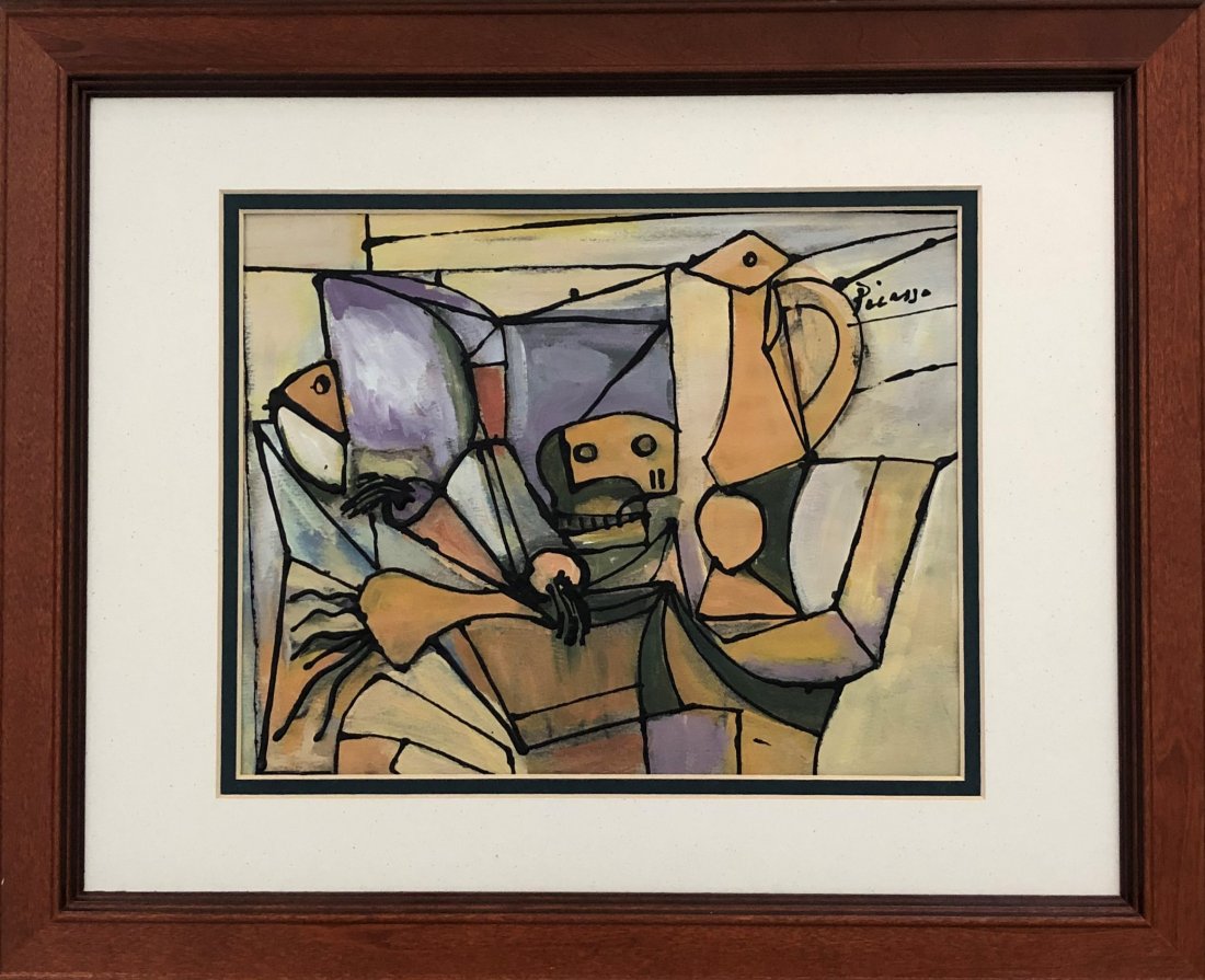 Pablo Picasso Hand Painted Studio Cubism Spanish Style: This lot consists of a hand-painted mixed media on hard paper illustration. The colorful image depicts a cubist portrait, one of the main styles for which the artist was known. The lot is in the style