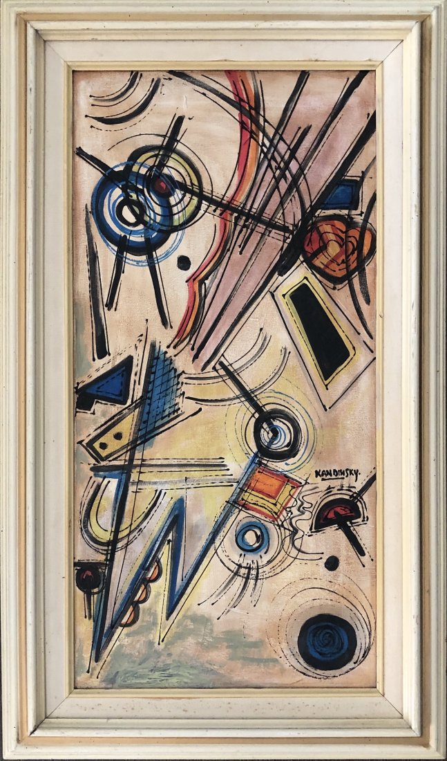 Wassily Kandinsky Mixed Media Canvas Large: This lot consists of a hand painted mixed media on canvas in the style of Wassily Kandinsky. The illustration depicts abstract geometric figures as it was popular with the artist. Wassily Kandinsky (1