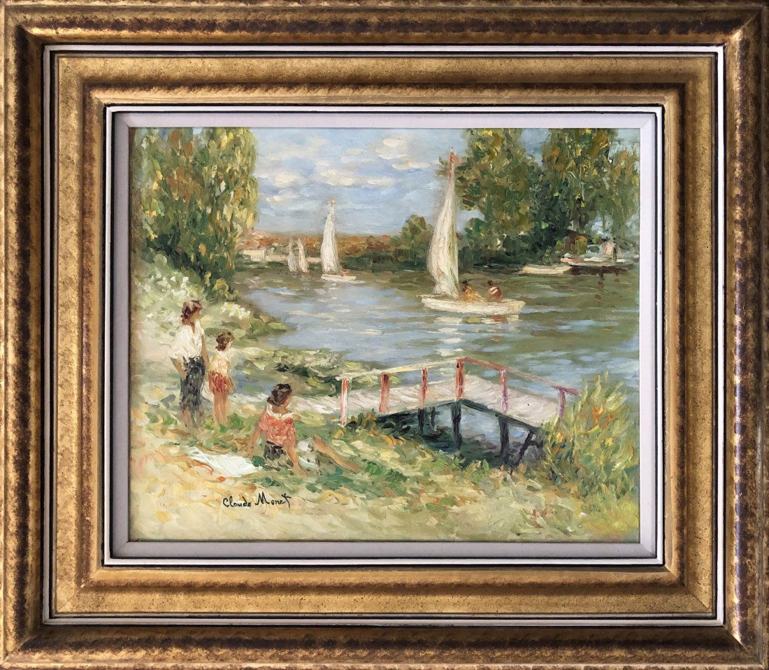 Claude Monet Oil Canvas French Landscape Impressionist: This lot consists of hand painted landscape oil on canvas in the impressionist in the style of Claude Monet. The illustration depicts a landscape with boats. Oscar Claude Monet (14 November 1840 - 5 D