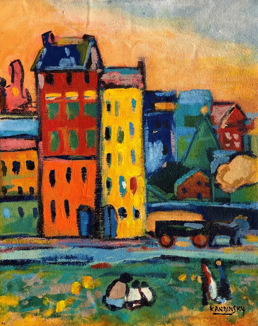 Wassily Kandinsky lanscape Oil Canvas 1866-1944 Russian: This lot consists of a hand painted mixed media on canvas in the style of Wassily Kandinsky. The illustration depicts abstract landscape as one of the early works of the artist . Wassily Kandinsky (18