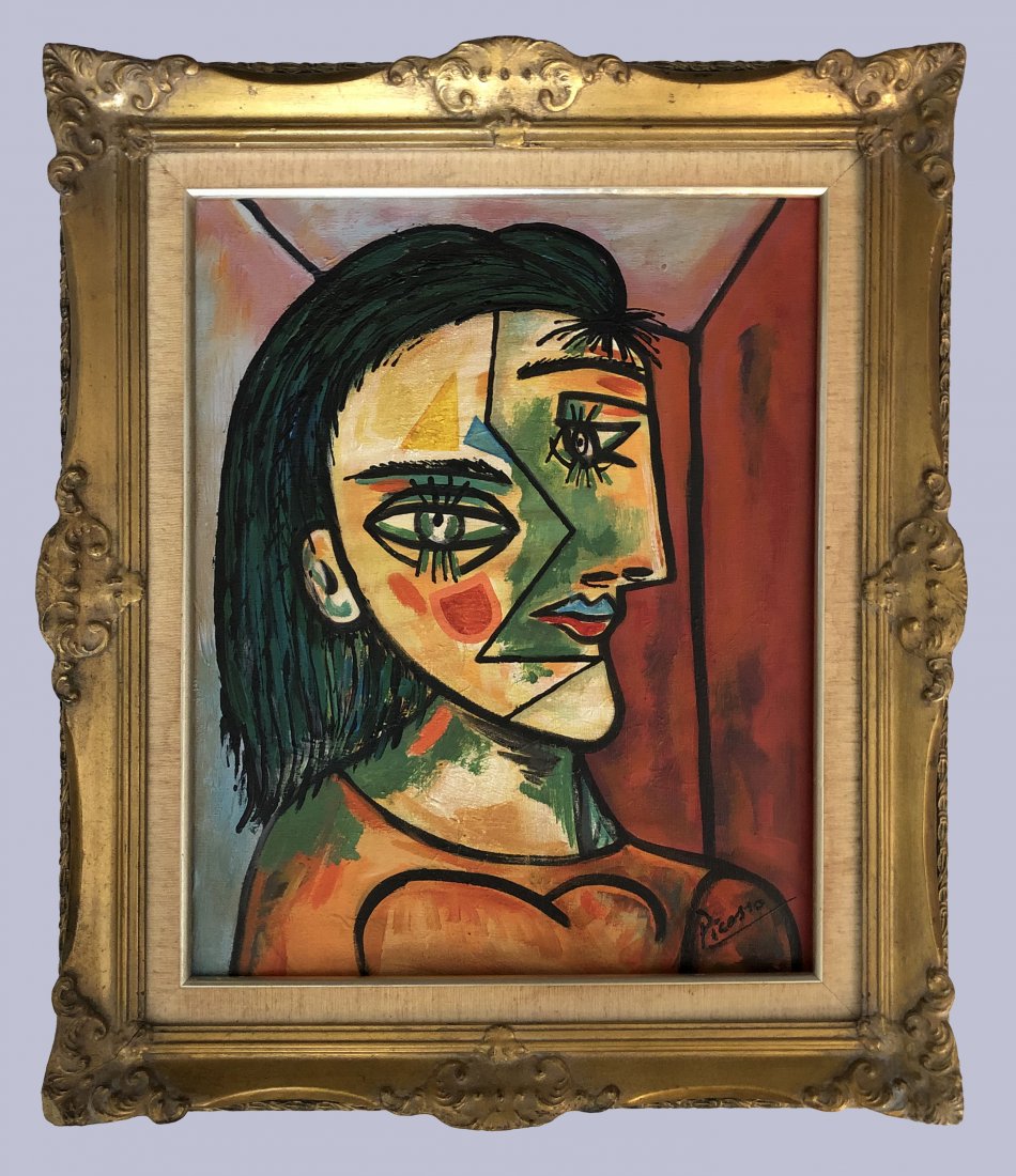 Pablo Picasso Spanish Cubist Women Oil on Canvas: This lot consists of a hand painted Oil on canvas in the style of Pablo Picasso. The illustration depicts a figure of a women in the famous cubism period. Pablo Picasso (25 October 1881-8 April 1973) 