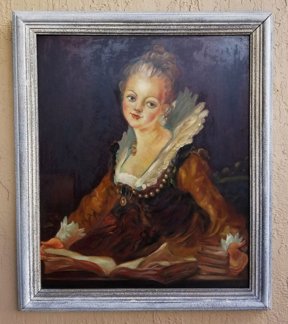 Jean Honore Fragonard Portrait Francois Boucher Circle: This lot consists of a women Portrait oil on hard Masonite/wood painting dated to the 17th-18th century. The lot depicts the portrait of women with some books in the style Jean-Honoré Fragonard. The