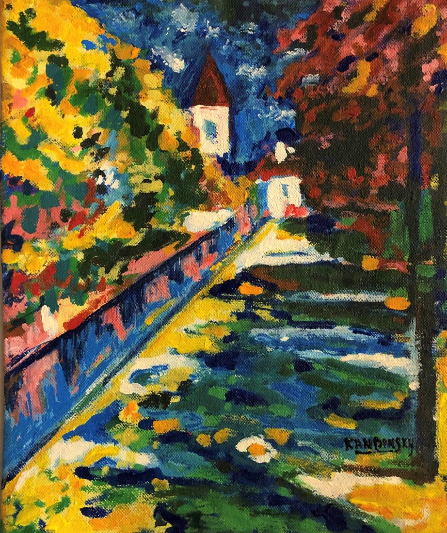 Wassily Kandinsky lanscape Oil Canvas 1866-1944 Russian: This lot consists of a hand painted mixed media on canvas in the style of Wassily Kandinsky. The illustration depicts abstract landscape as one of the early works of the artist . Wassily Kandinsky (18
