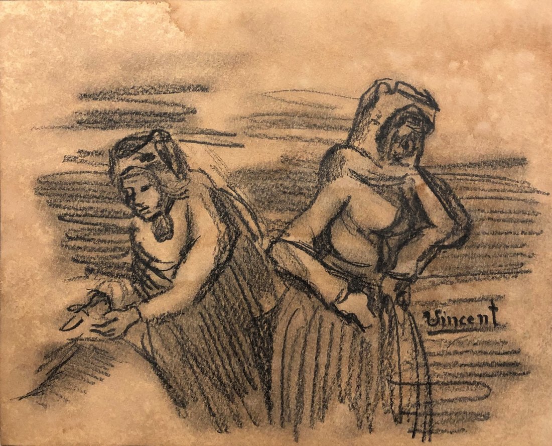 Vincent Van Gogh Impressionist Drawing Landscape Women: This lot consists of a hand-drawn graphite pencil on paper portrait of two women In the style of Vincent Van Gogh (Dutch, 1853-1980). Vincent Willem van Gogh was a Dutch Post-Impressionist painter who
