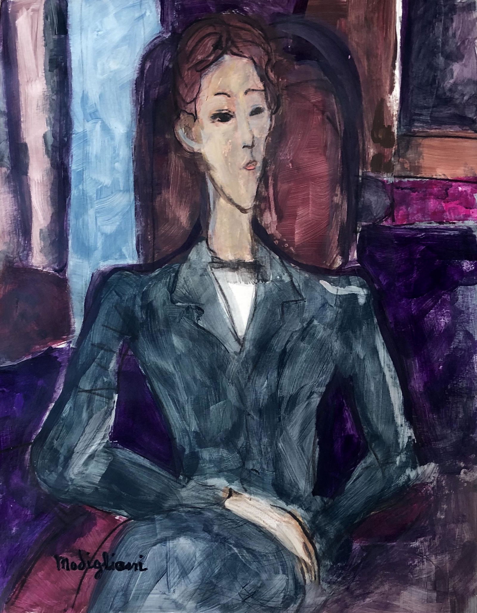 Amedeo Modigliani Expressionism Woman Style of: This lot consists of a hand painted mixed media on paper in the style of Amedeo Modigliani. It depicts a woman sitting down. Amadeo Modigliani (July 1884 - 24 January 1920) was an Italian Jewish paint