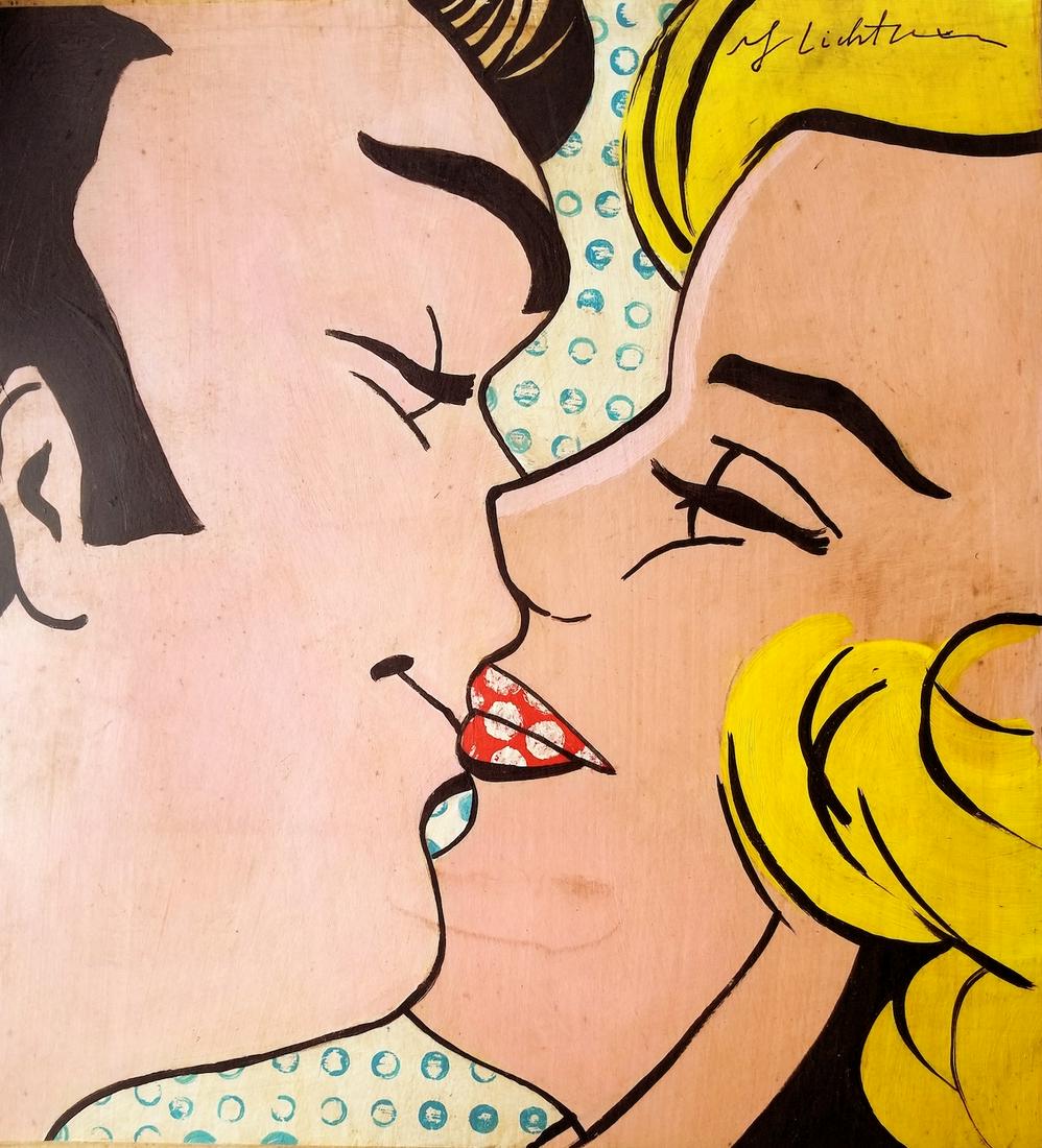 Roy Lichtenstein Mixed Media Am.Pop Art - Style Of: This lot consists of a hand-painted mixed media Pop Art Women Portrait in the style of Roy Lichtenstein. It depicts a kissing a couple in the artists distinct style. "R. Lichtenstein" is hand written 
