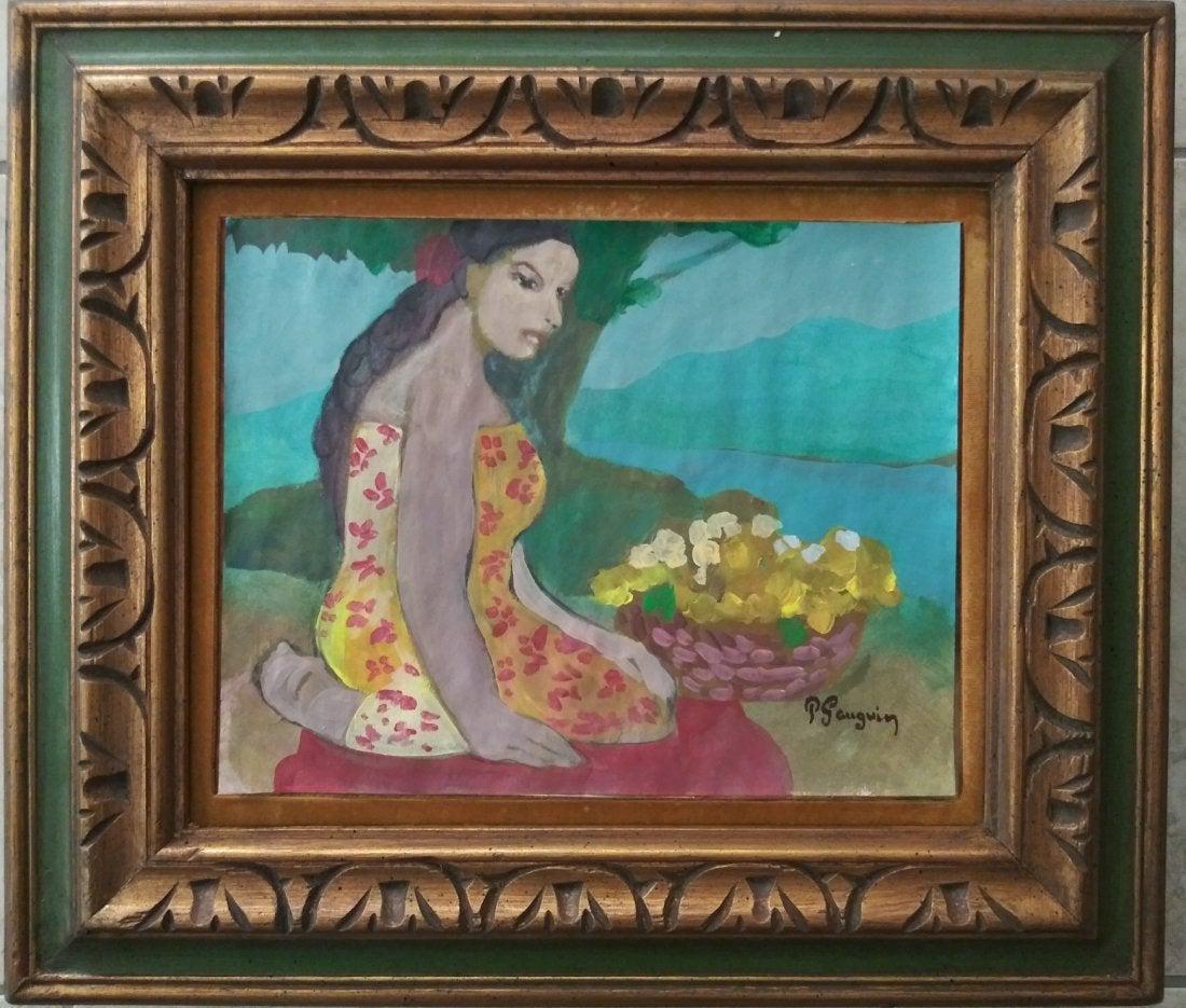Paul Gauguin French Art Women Lansdscape Hand Painted: This lot consists of a hand-painted mixed media on hard paper. It depicts a beautiful impressionist painting in Gauguin's distinct style. In the style of: enri Paul Gauguin (7 June 1848 - 8 May 1903) 