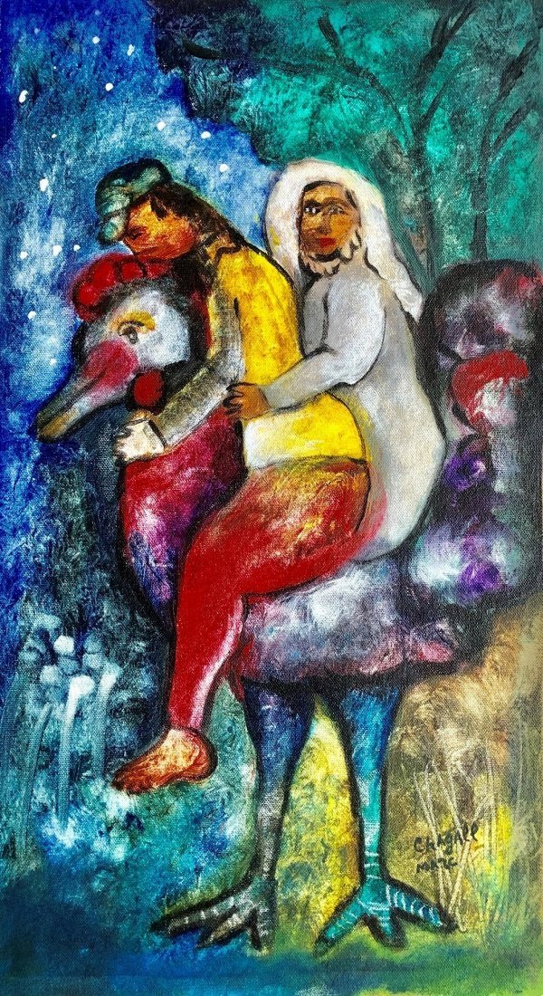 Marc Chagall Oil Canvas Russian French Women Man: This lot consists of a hand painted oil on canvas in the style of Marc Zakharovich Chagall.He was a Russian-French artist of Belarusian Jewish origin. An early modernist, he was associated with severa