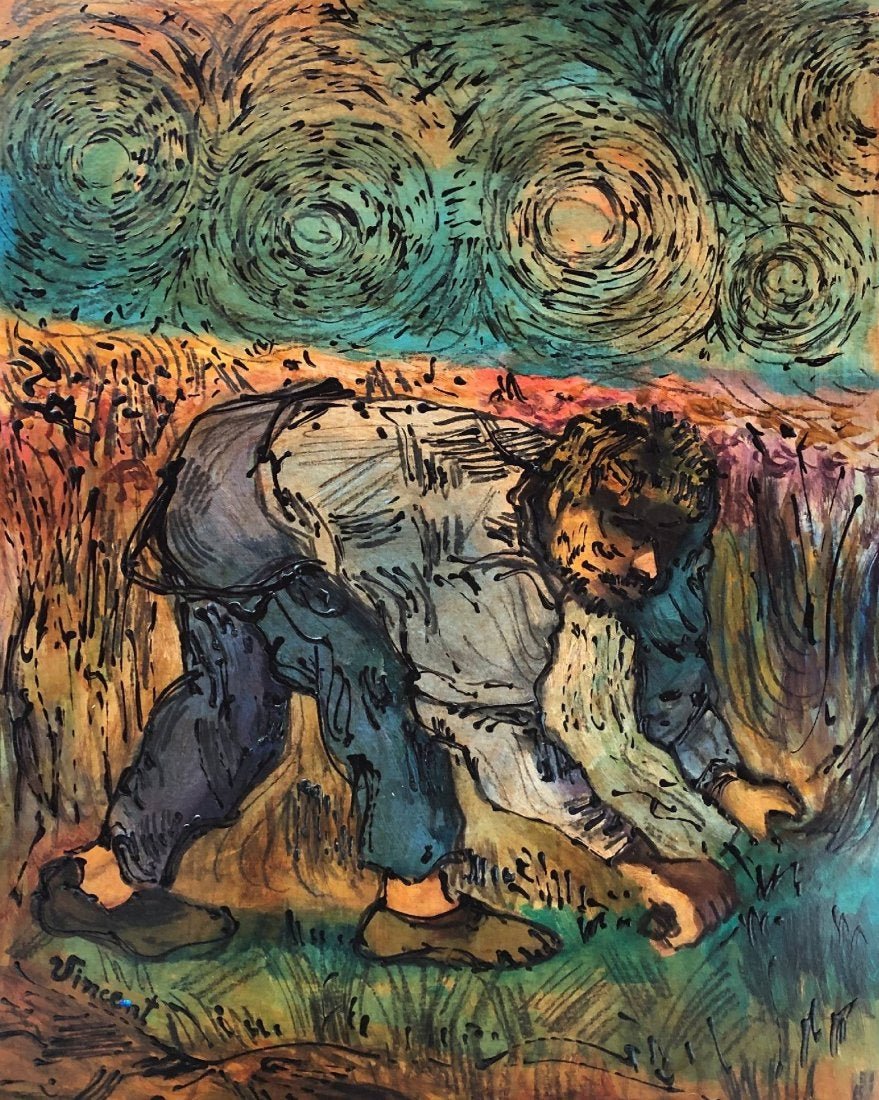 Vincent Van gogh Impressionist Oil Landscape Farmer: This lot consists of a hand painted mixed media on hard paper In the style of Vincent Van Gogh (Dutch, 1853-1980). Vincent Willem van Gogh was a Dutch Post-Impressionist painter who is among the most 